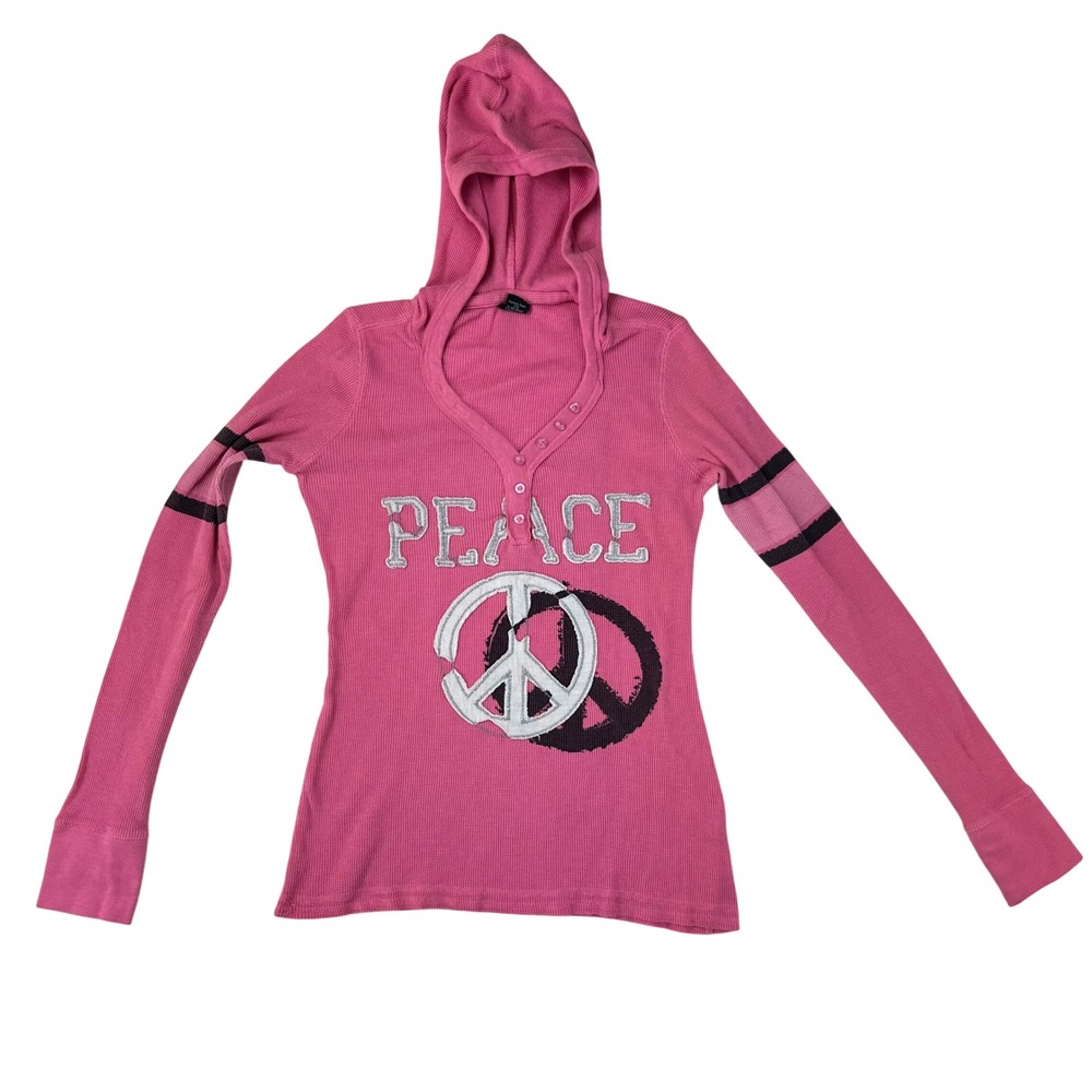 Vanity‎ Thermal Hoodie Womens Medium Pink Peace Graphic Slim Waffle Knit Cotton